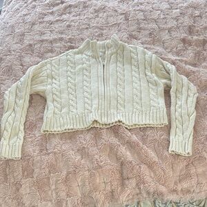 CABI Cropped Cream Cable-Knit Zip Front Sweater